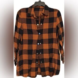 Orange and Black Plaid Button-Up Shirt